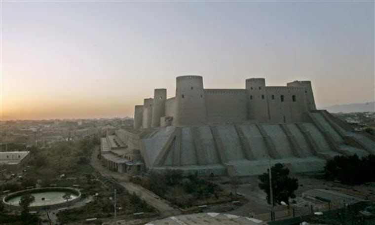 The Qala Iktyaruddin Citadel is seen in Herat, Afghanistan, Monday, Oct. 17, 2011. An ancient citadel in Herat that dates back to Alexander the Great has been restored, a bright sign of progress in a country destroyed by war. The citadel, a fortress that resembles a sand castle overlooking the city, and a new museum of artifacts at the site was completed by hundreds of local craftsmen and funding and support from the U.S. and German governments and the Aga Khan Trust for Culture. (AP Photo/Houshang Hashimi)
